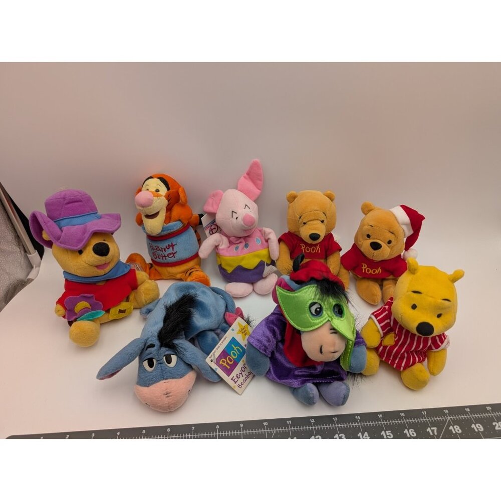 Disney Mattel Winnie the Pooh Piglet Eeyore Lot Holiday Bean Stuffed Animal‎ Toy